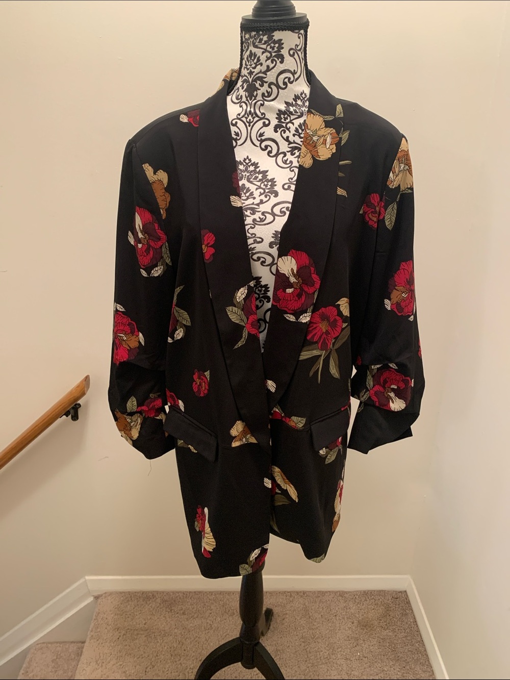 DR2 Black Floral Blazer with Red & Mustard Blooms